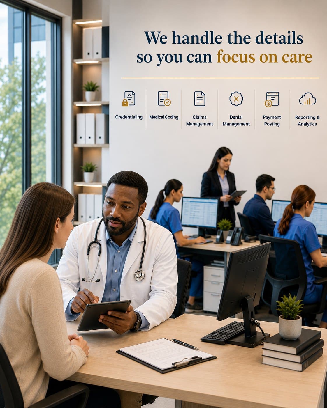 A doctor reviewing an account with a patient while billing staff work behind them, under a wall reading: we handle the details so you can focus on care