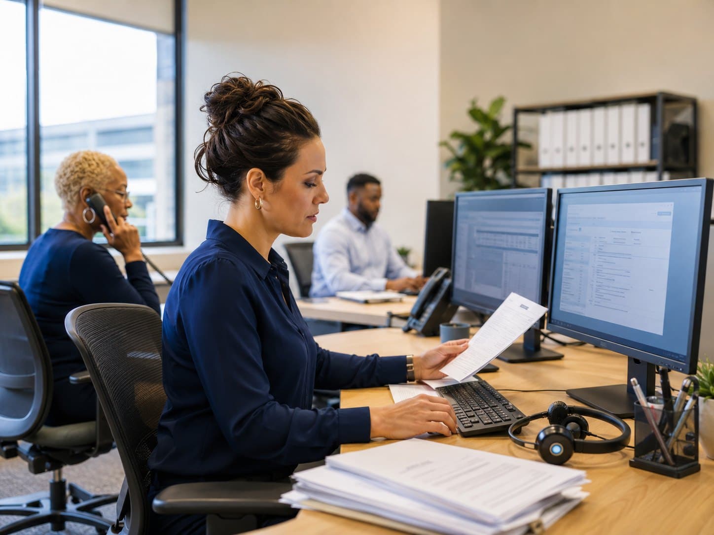A billing specialist reviewing a printed remittance statement at her workstation, with two colleagues working at desks behind her